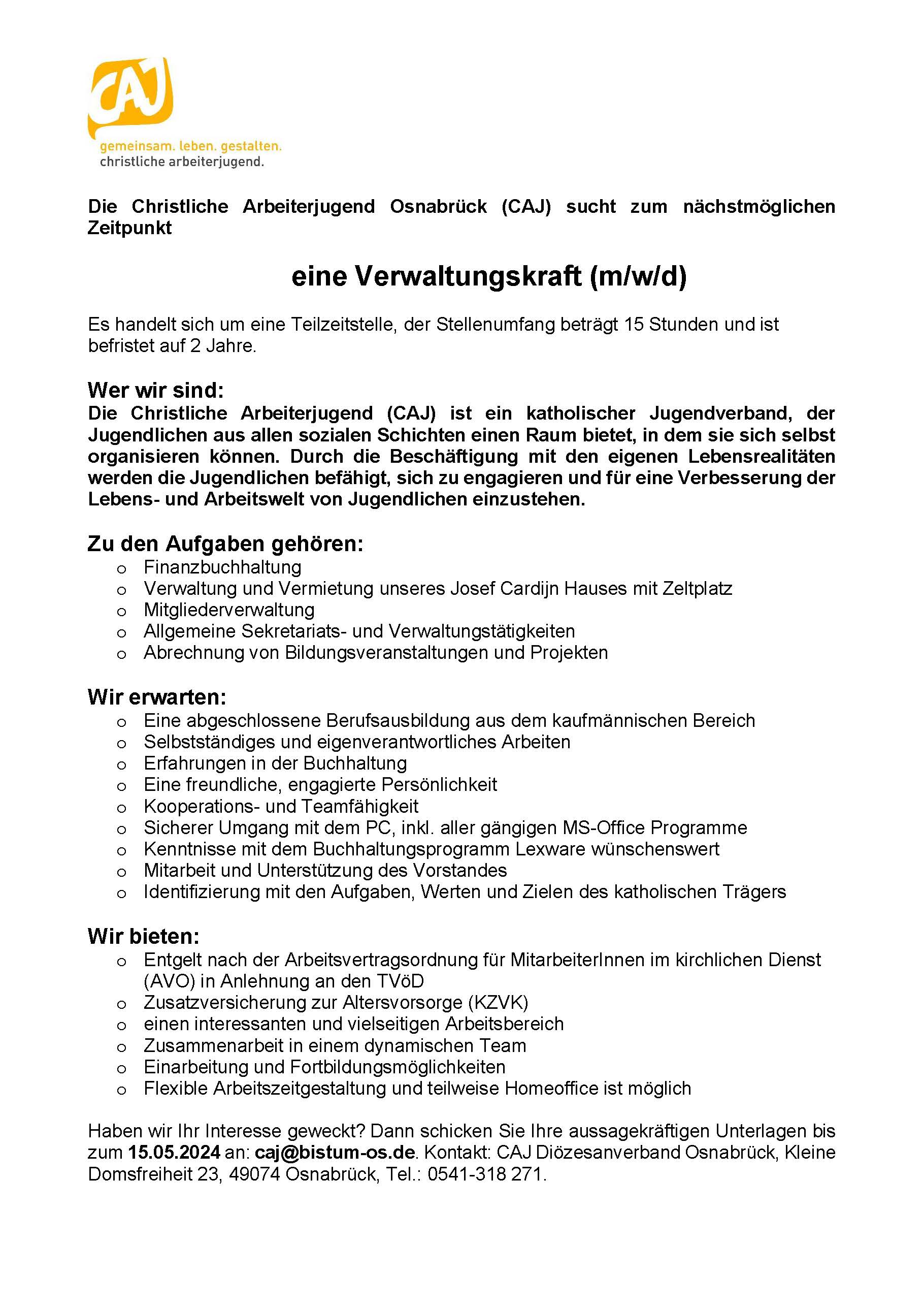 Stellenausschreibung Verwaltung CAJ Osnabrück 2024